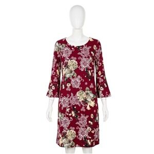 Glamour Burgundy Floral Print Bell Sleeve Shift Dress Women Size 14